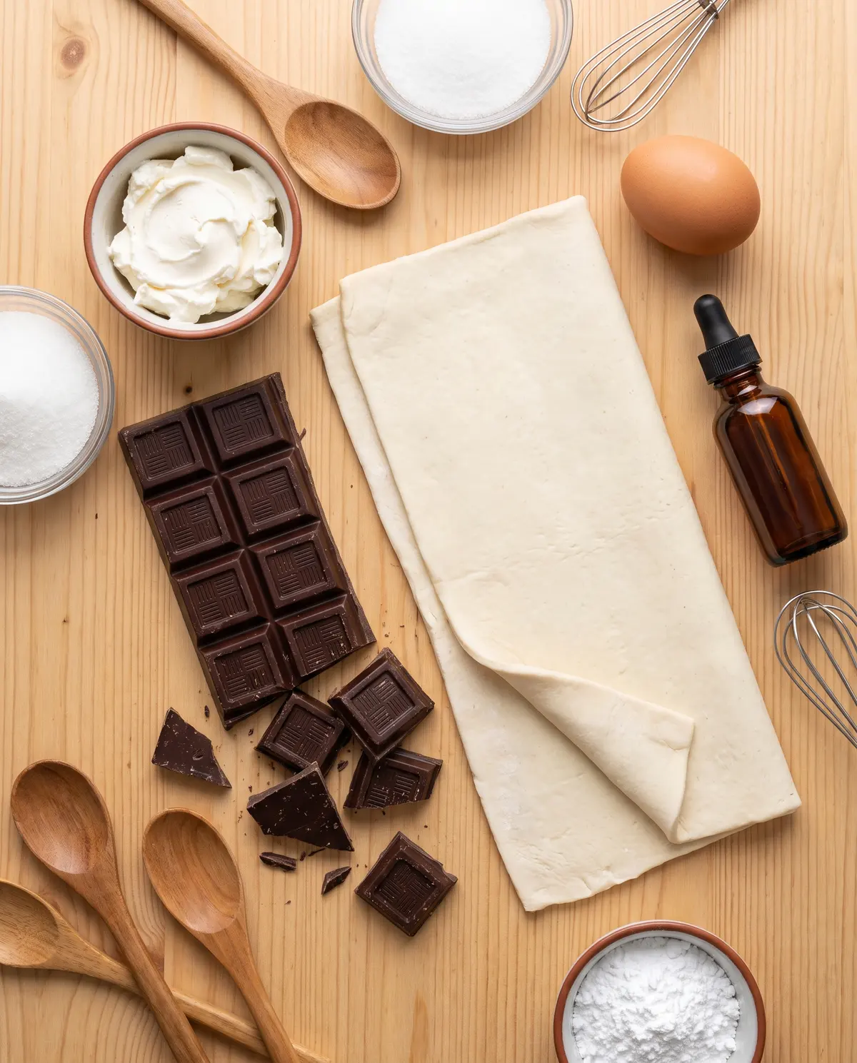 Top-down flat lay of chocolate danish ingredients on a wood table: cream cheese, dark chocolate, sugar, egg, vanilla, and puff pastry