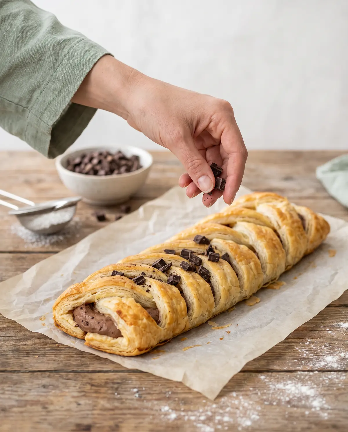 A woman's hand with bare natural nails sprinkling chopped dark chocolate over a cream cheese filling on braided puff pastry