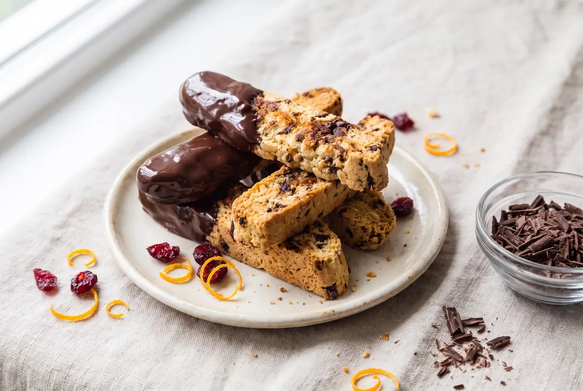 Stacked chocolate dipped almond biscotti on a cream ceramic plate