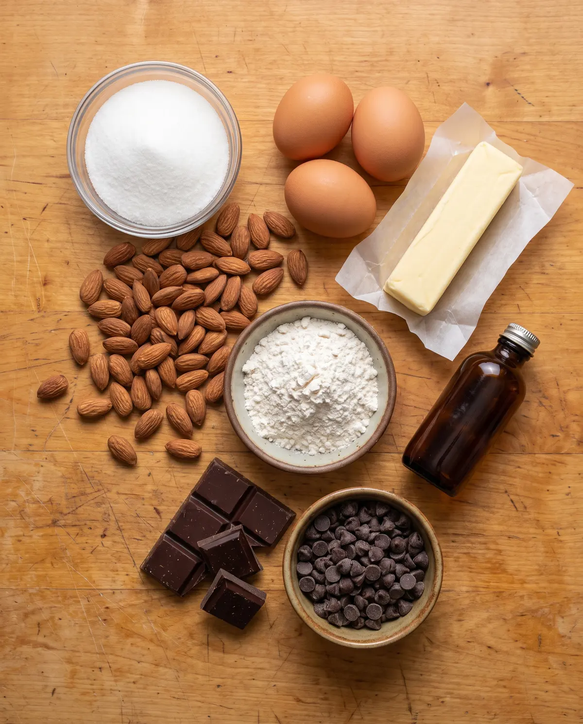Ingredients for chocolate dipped almond biscotti on a wooden table