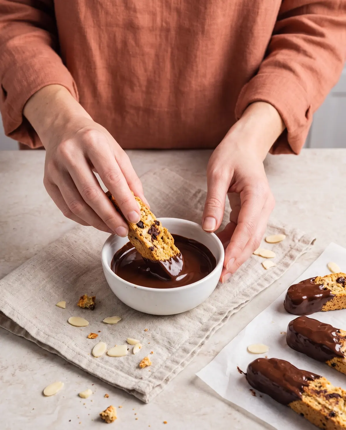 Dipping a freshly baked almond biscotti into a bowl of warm dark chocolate