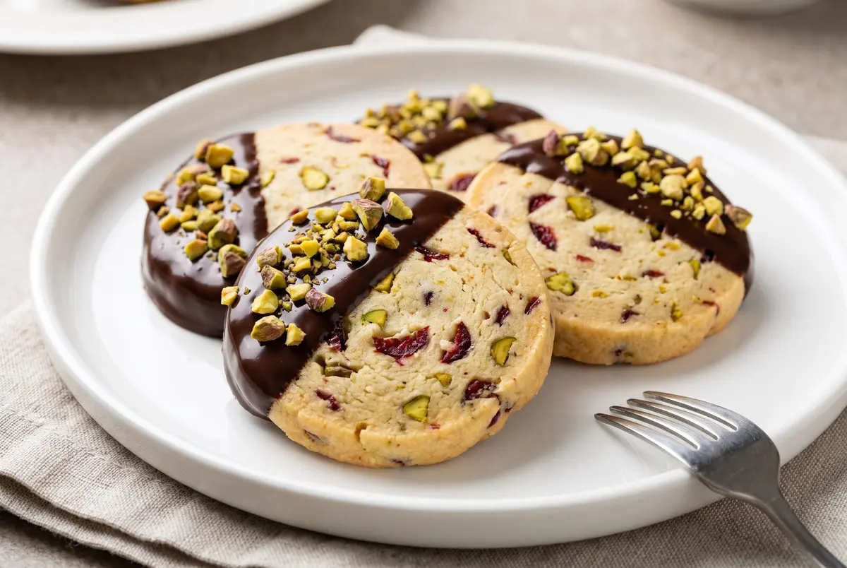 Chocolate-Dipped Cranberry Pistachio Shortbread Cookies