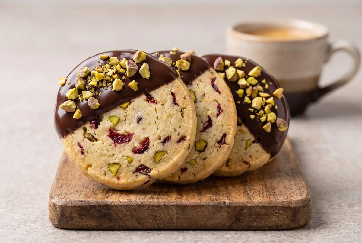 Chocolate-dipped cranberry pistachio shortbread cookies from the side, on a wooden board with an espresso cup behind.