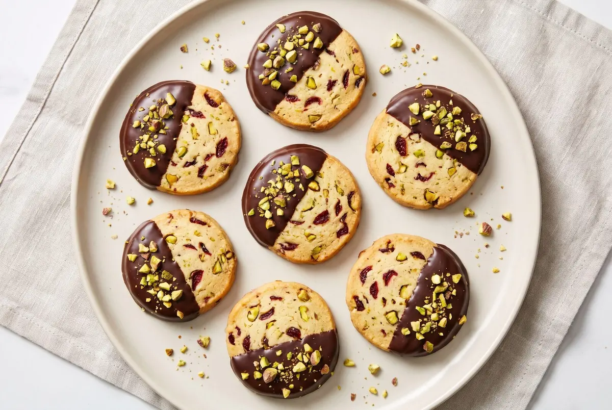 Overhead view of chocolate-dipped cranberry pistachio shortbread cookies on a pale ceramic plate.