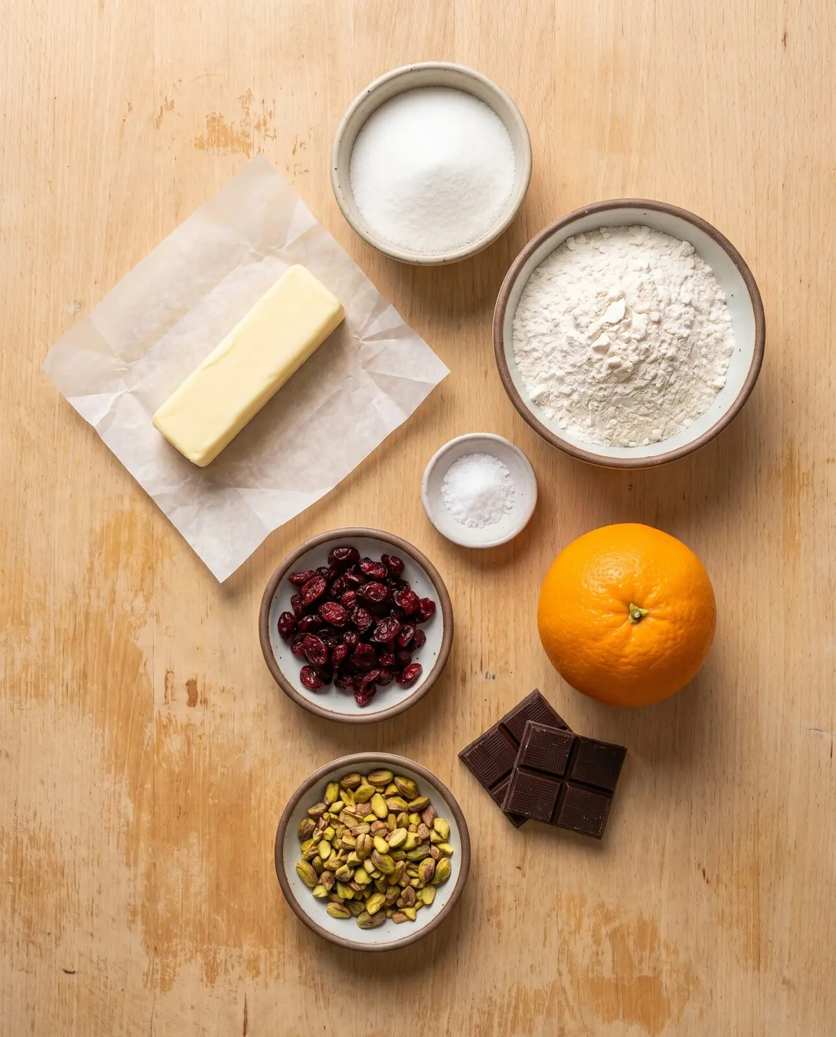 Top-down flat lay of cranberry pistachio shortbread ingredients on a warm wood table: butter, sugar, flour, salt, cranberries, pistachios, orange, dark chocolate.