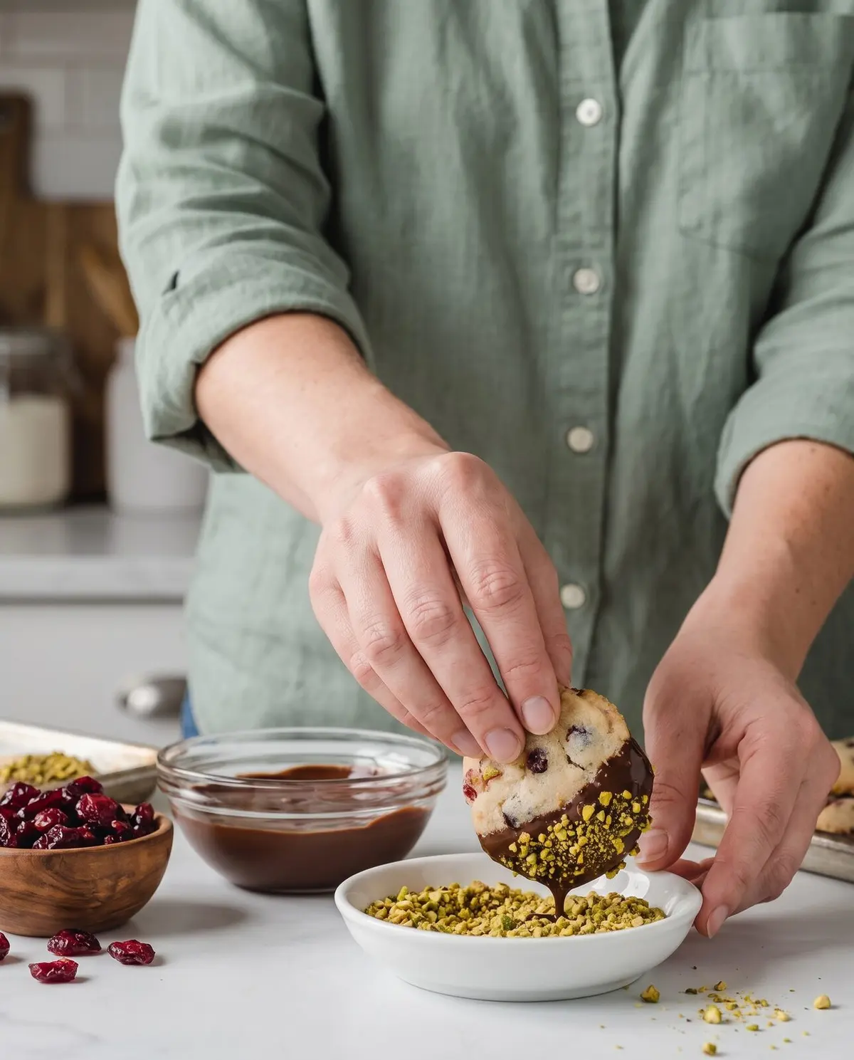 A woman in a sage green linen shirt dipping a shortbread cookie into melted dark chocolate and rolling it in pistachios.