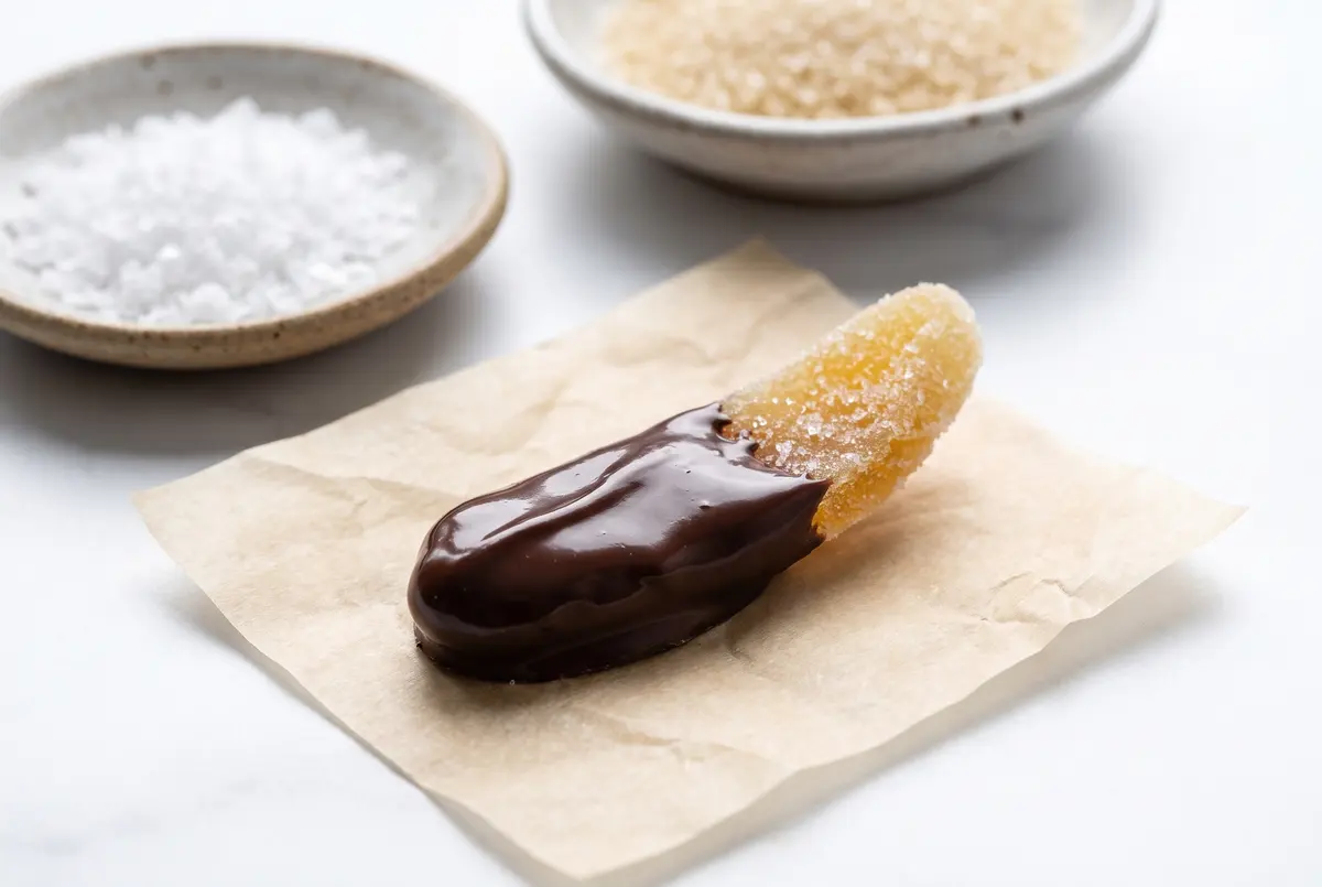 Single chocolate dipped crystallized ginger piece close-up