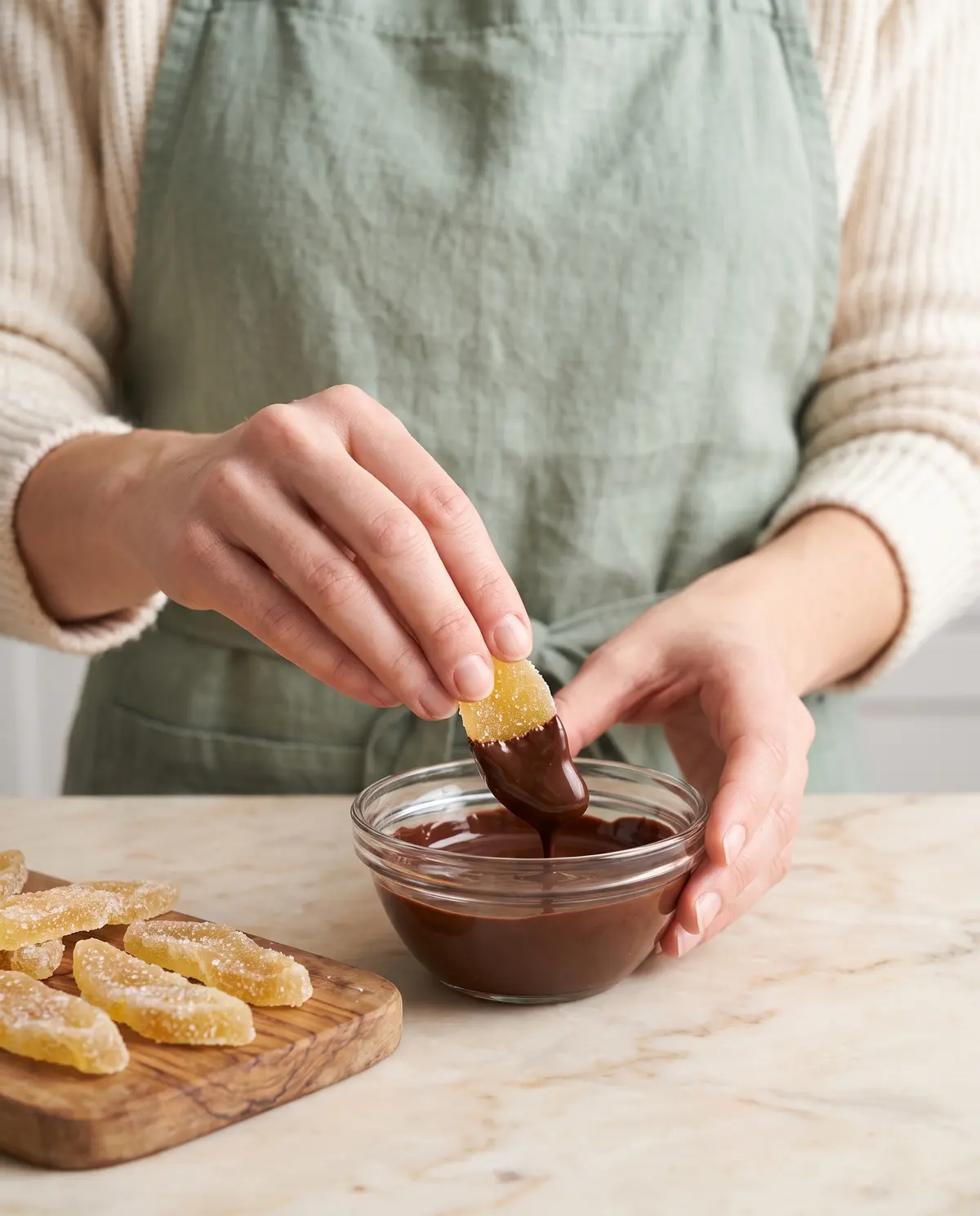 Dipping crystallized ginger into melted dark chocolate