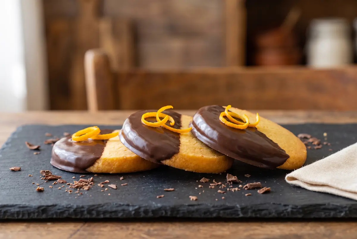 Side view of three chocolate-dipped orange shortbread cookies on a dark slate board