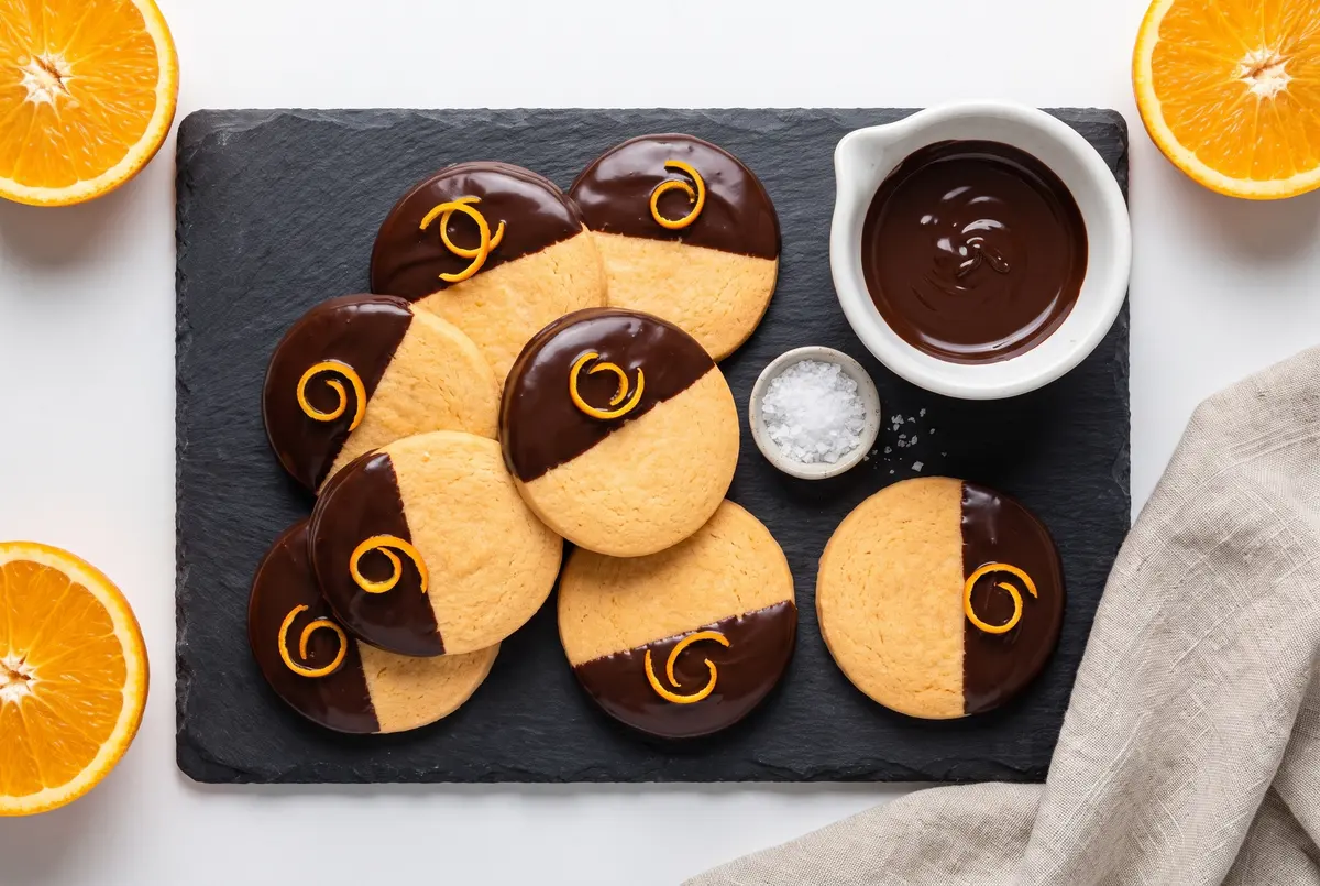 Top-down view of chocolate-dipped orange shortbread cookies with orange halves and a dish of flaky sea salt
