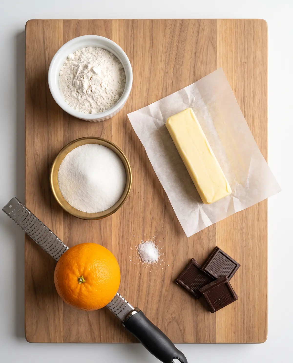 Top-down flat-lay of flour, sugar, butter, orange, microplane, dark chocolate, and salt on a wooden board