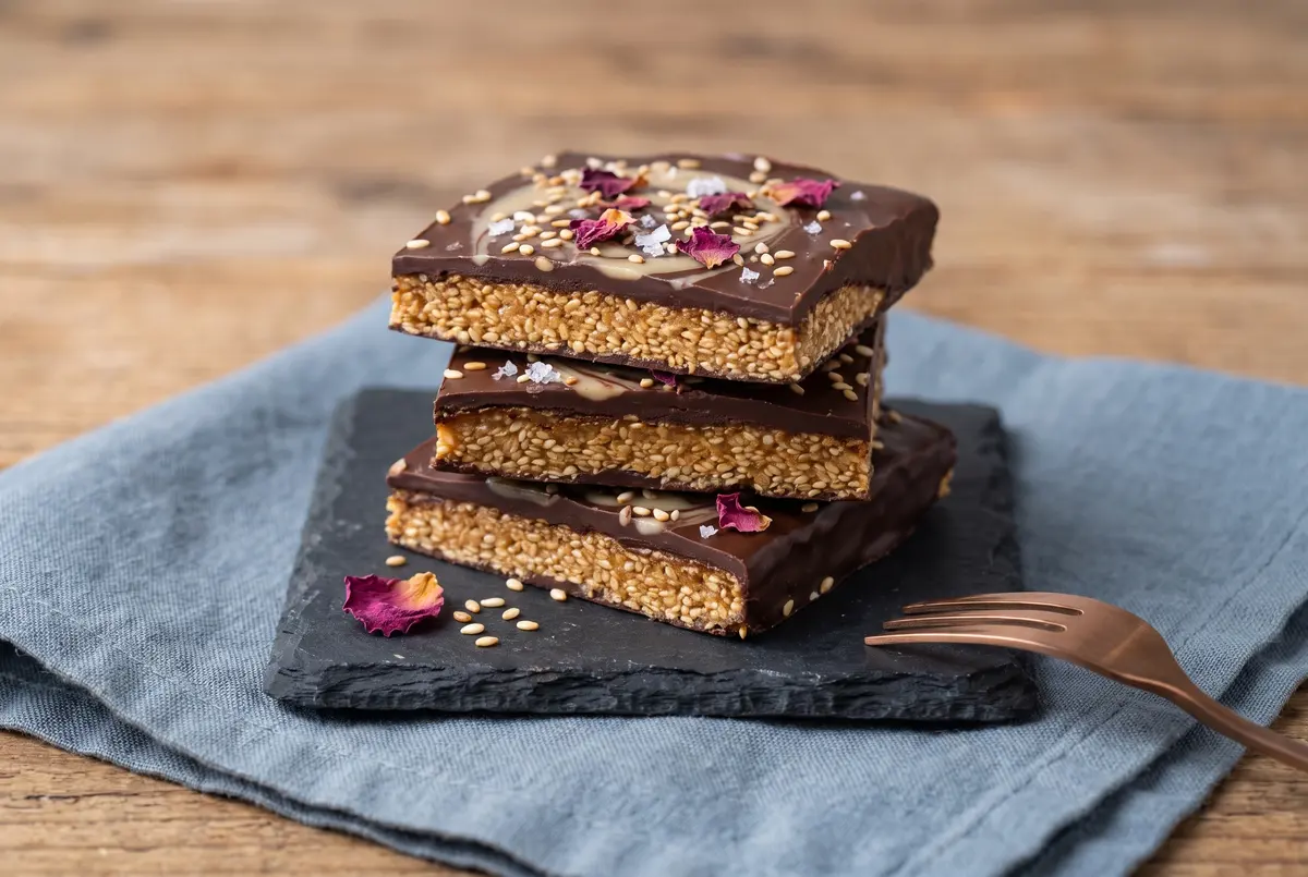 Stack of chocolate-dipped sesame brittle squares showing the cross-section