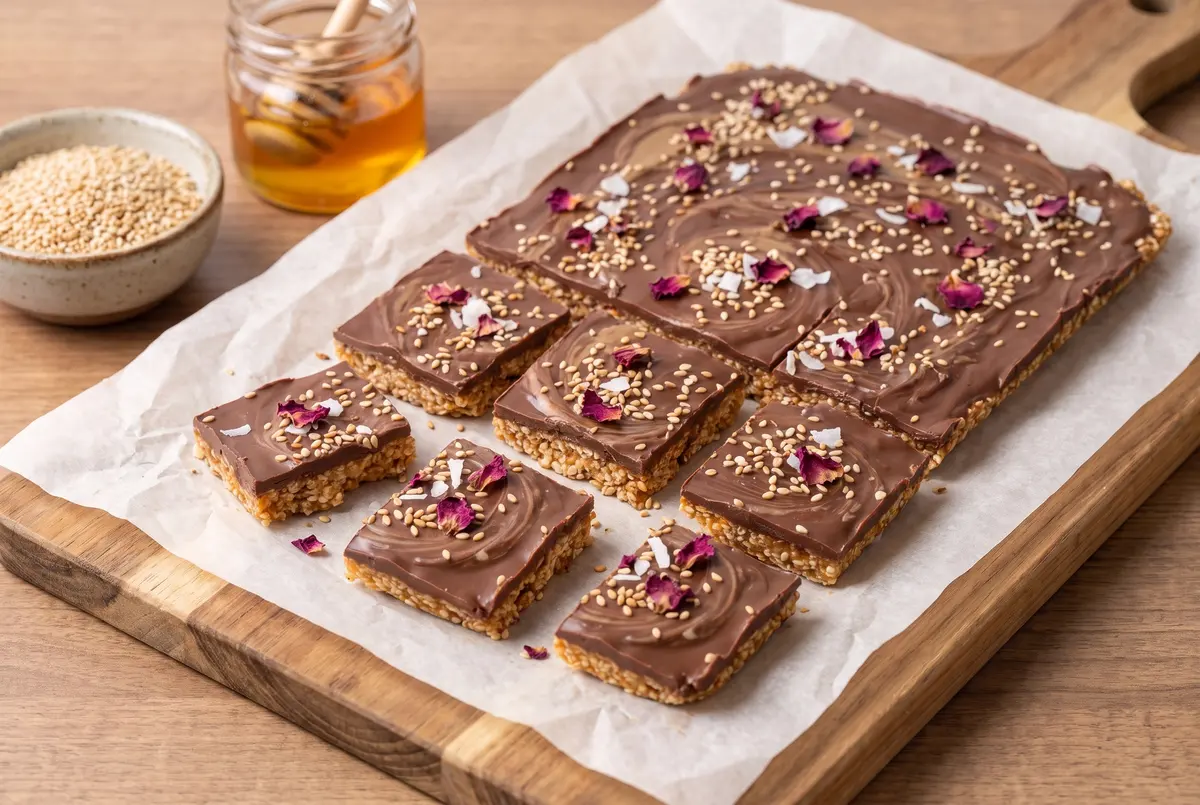 A full sheet of chocolate-dipped sesame brittle with tahini swirls and toppings