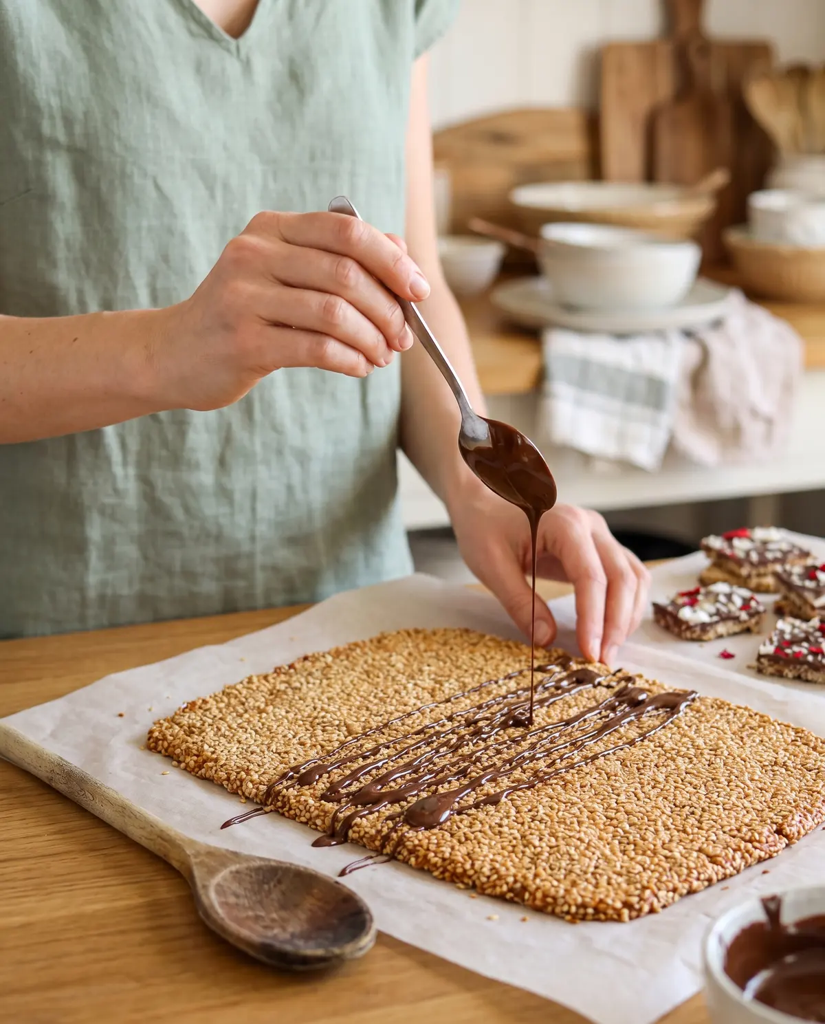 A woman drizzles melted chocolate over a sheet of sesame brittle