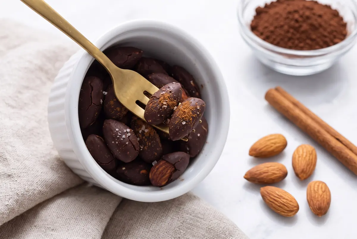 Chocolate spiced almonds in ramekin with brass fork on linen