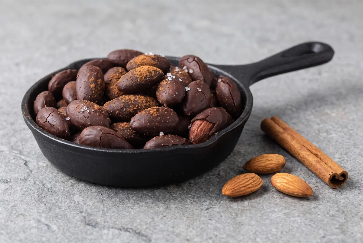 Skillet of finished spiced chocolate almonds on stone