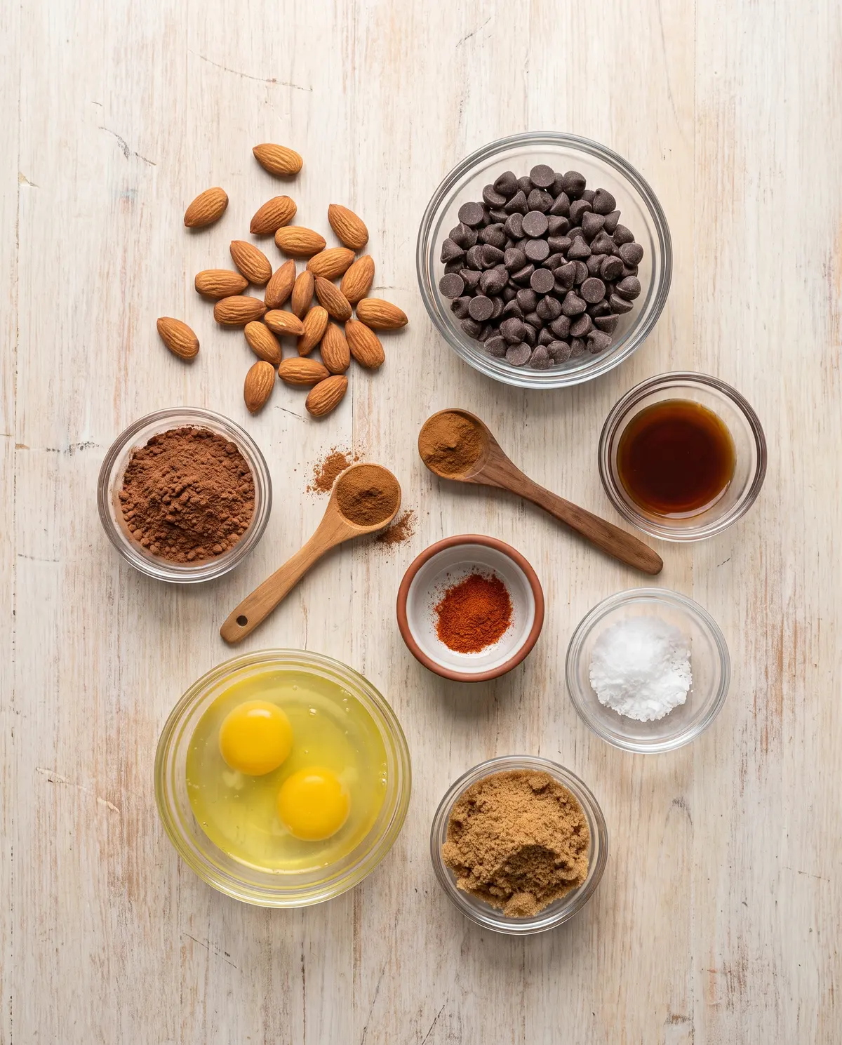 Ingredients for spiced chocolate almonds on a wood table