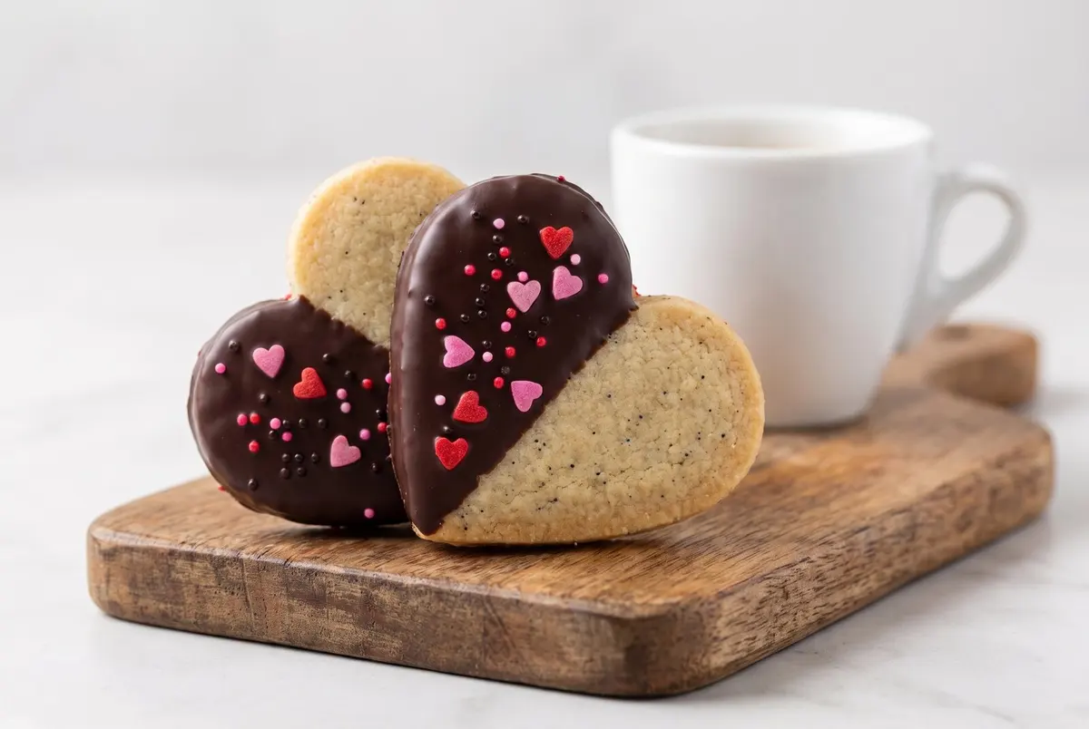 Chocolate-dipped shortbread cookies from the side, on a wooden board with an espresso cup behind.