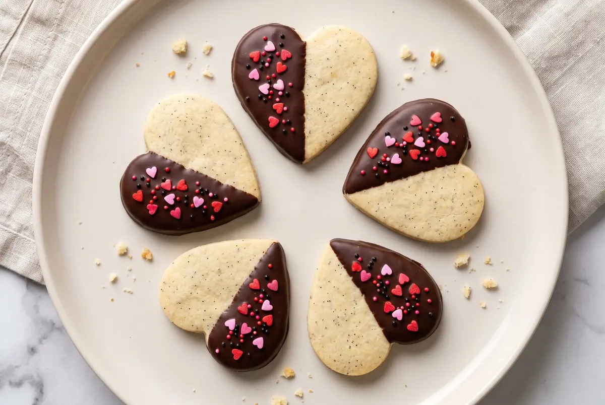 Overhead view of chocolate-dipped vanilla bean shortbread cookies on a pale ceramic plate.
