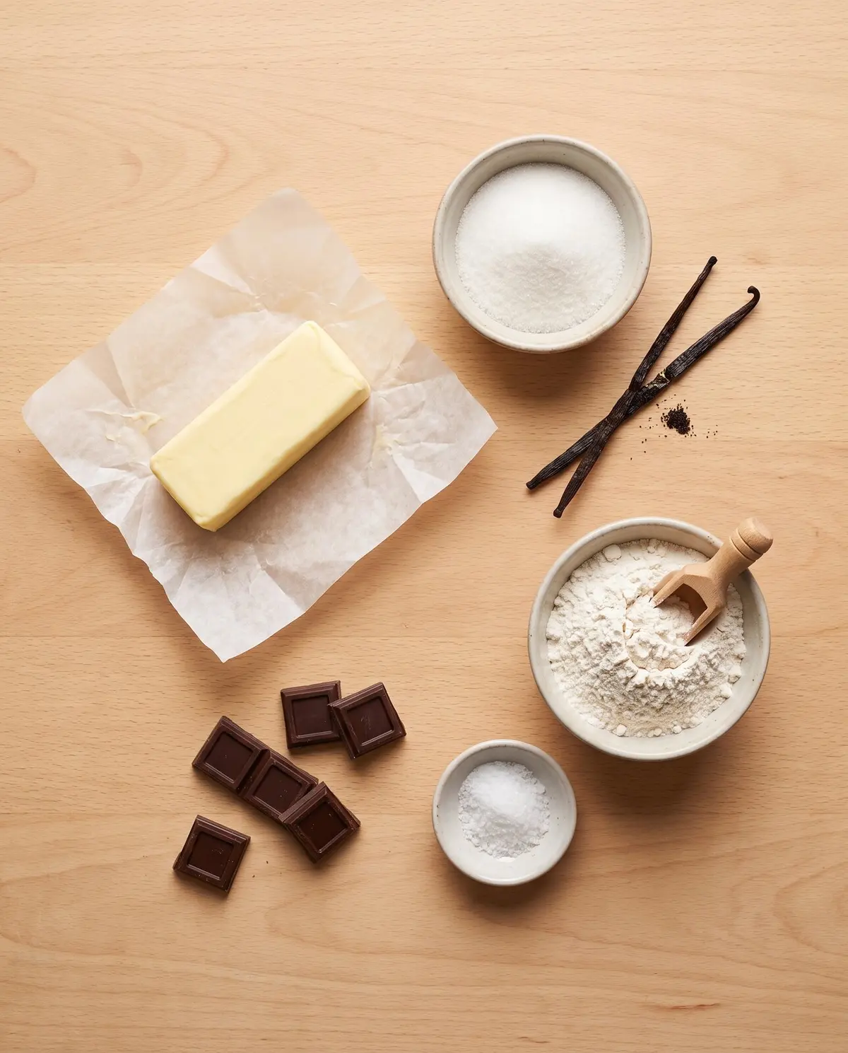 Top-down flat lay of shortbread ingredients on a warm wood table: butter, sugar, vanilla bean, flour, salt, dark chocolate.