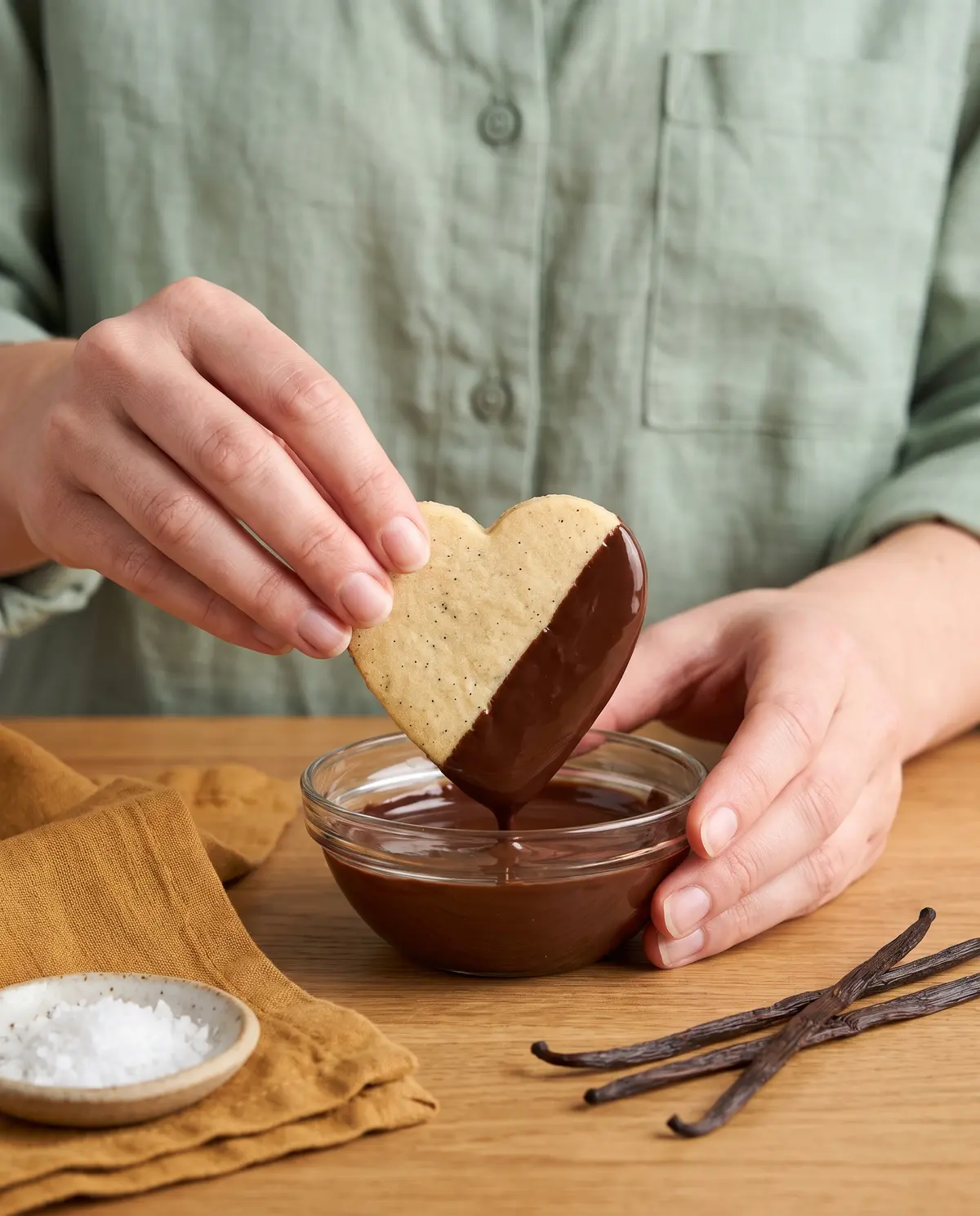 A woman in a terracotta linen shirt dipping a shortbread cookie into melted dark chocolate.