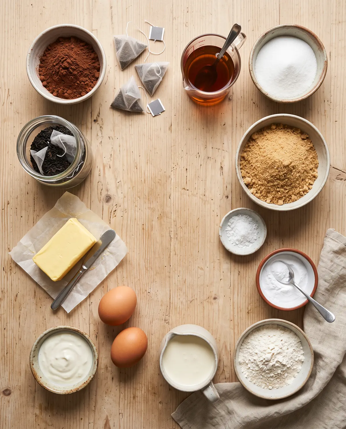 Ingredients for chocolate Earl Grey loaf cake laid out on a wooden surface