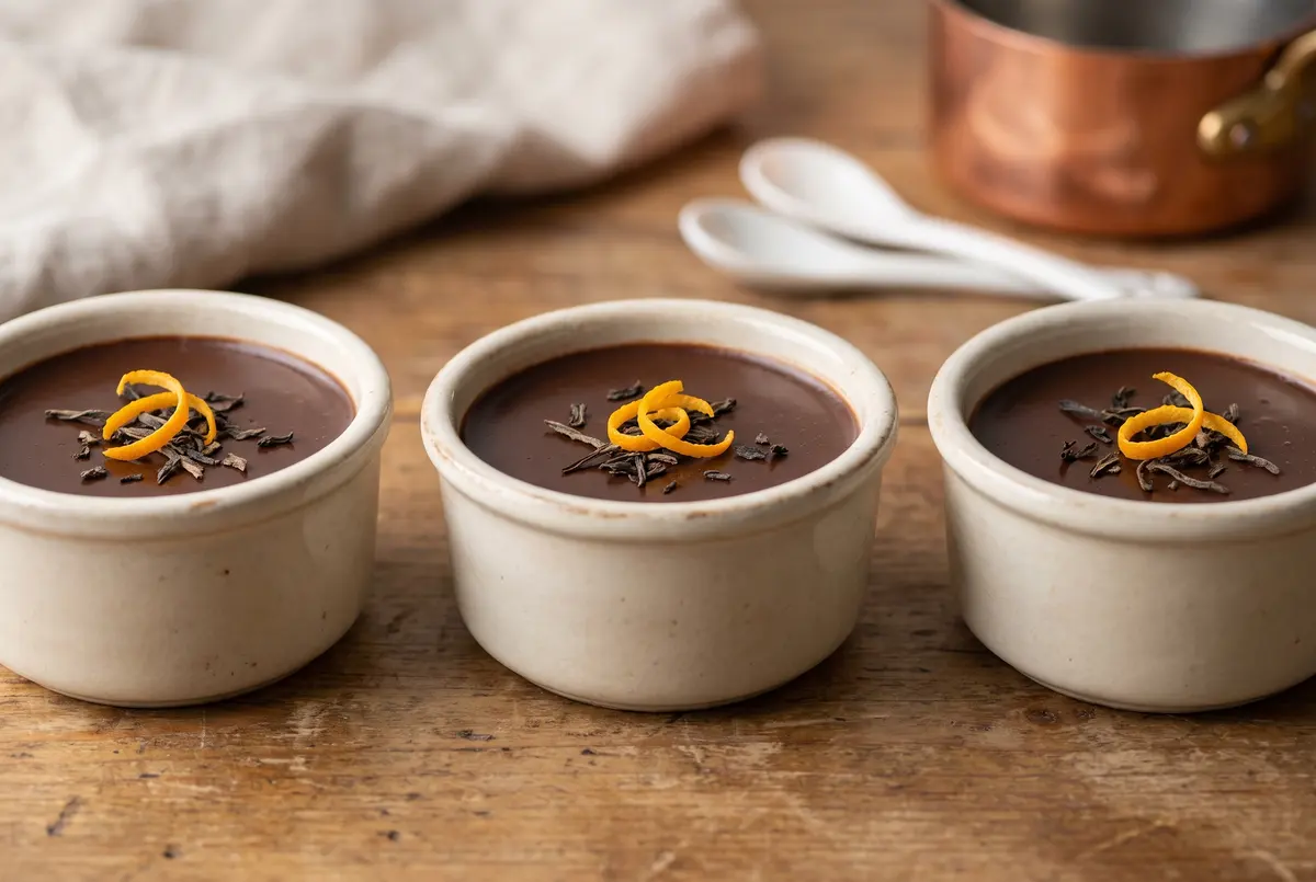 Three ramekins of chocolate pots de creme with tea leaves and orange zest on top
