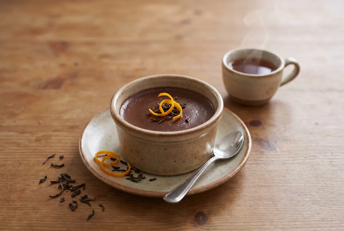 Chocolate pots de creme in a ceramic ramekin on a saucer with a small cup of tea