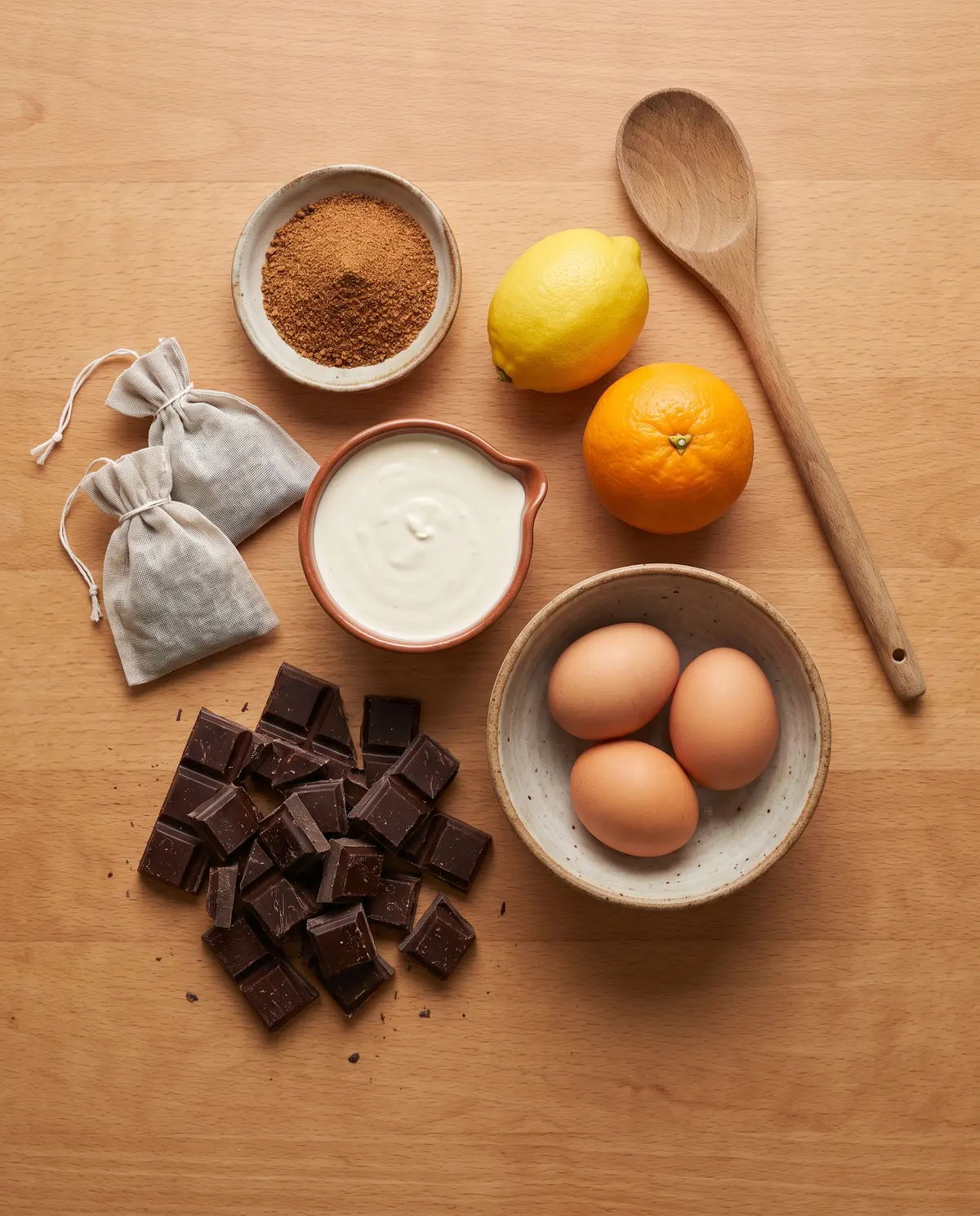 Top-down flat lay of cream, eggs, chocolate, and Earl Grey tea on a wooden table