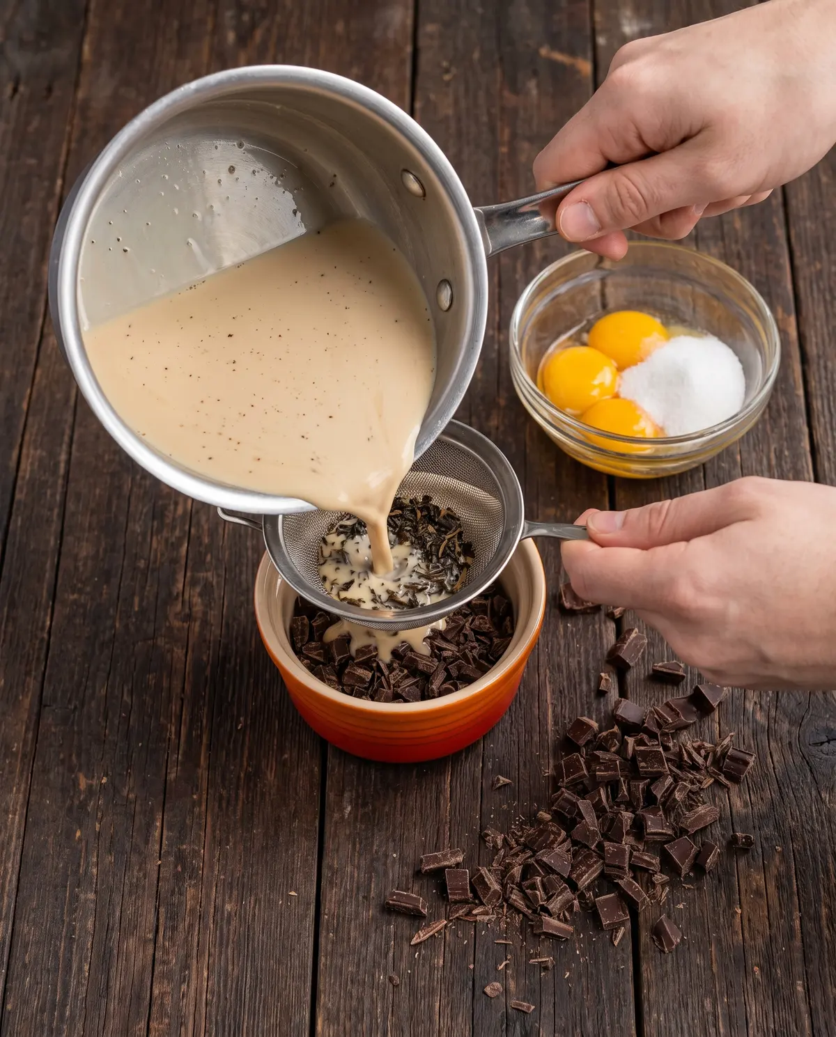 A hand pouring warm Earl Grey cream through a strainer into chopped chocolate