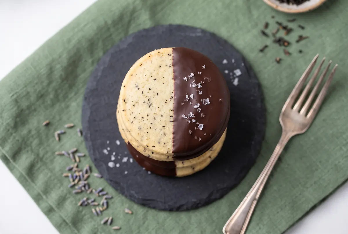 A stack of three chocolate-dipped Earl Grey shortbread cookies on a dark slate plate with sea salt