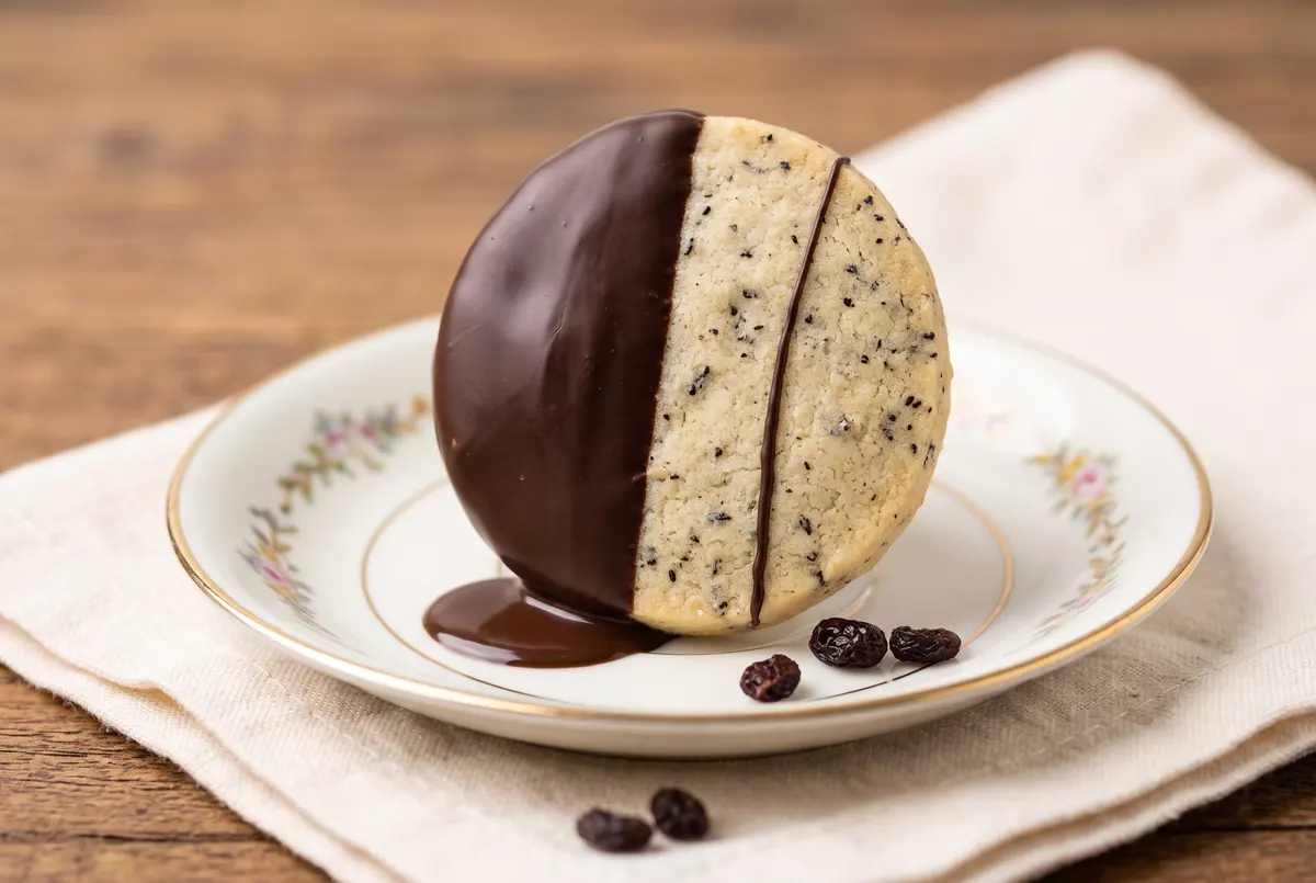 A single chocolate-dipped Earl Grey shortbread cookie leaning on a vintage floral saucer with chocolate drip