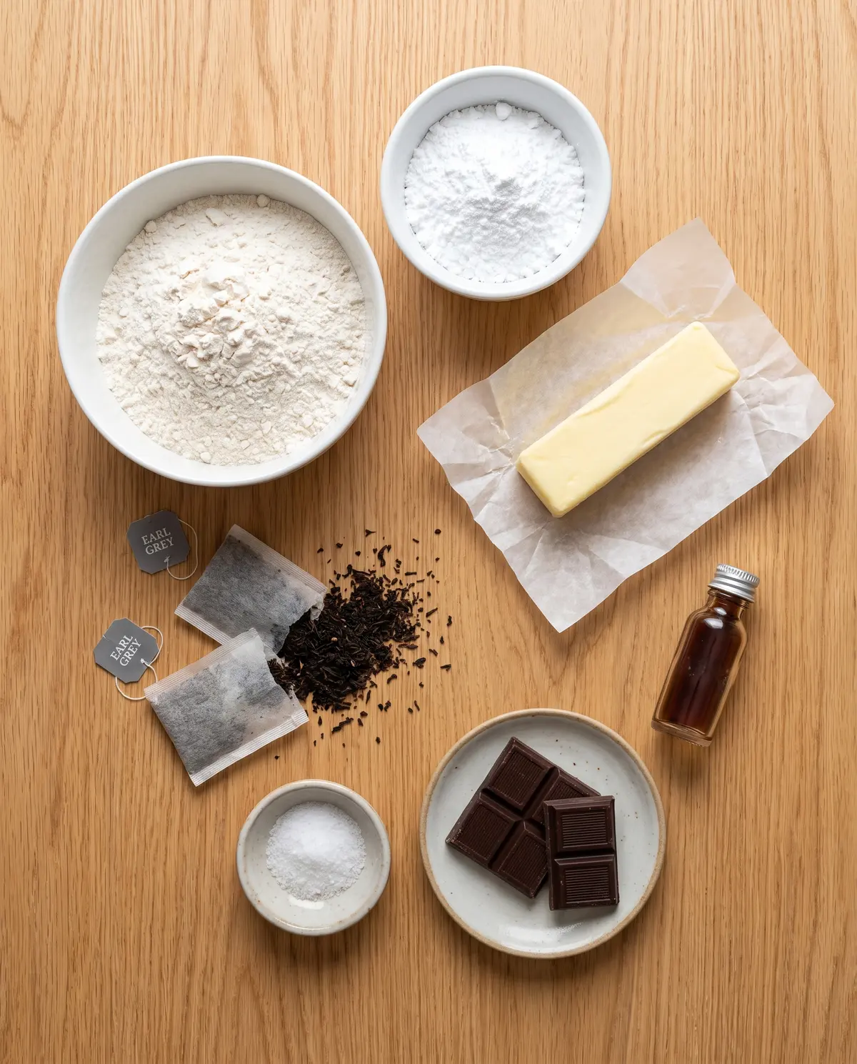 Top-down view of the ingredients for chocolate-dipped Earl Grey shortbread on a warm wood surface