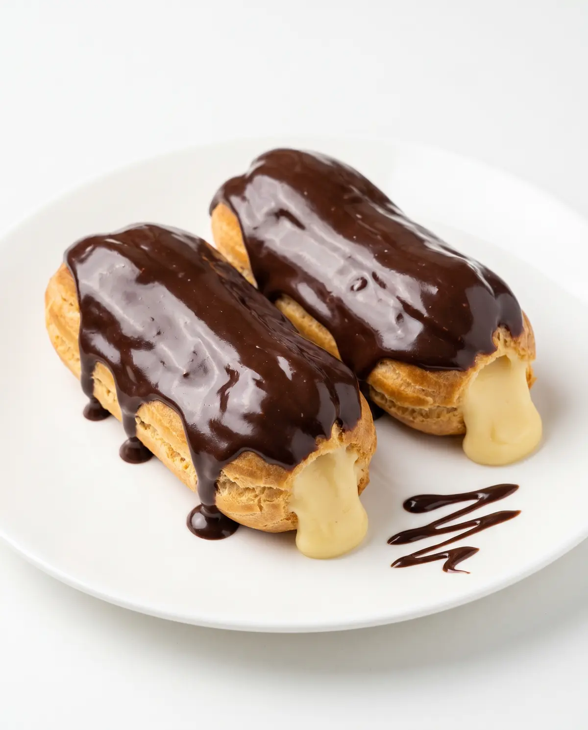 Two chocolate eclairs from overhead showing vanilla cream filling