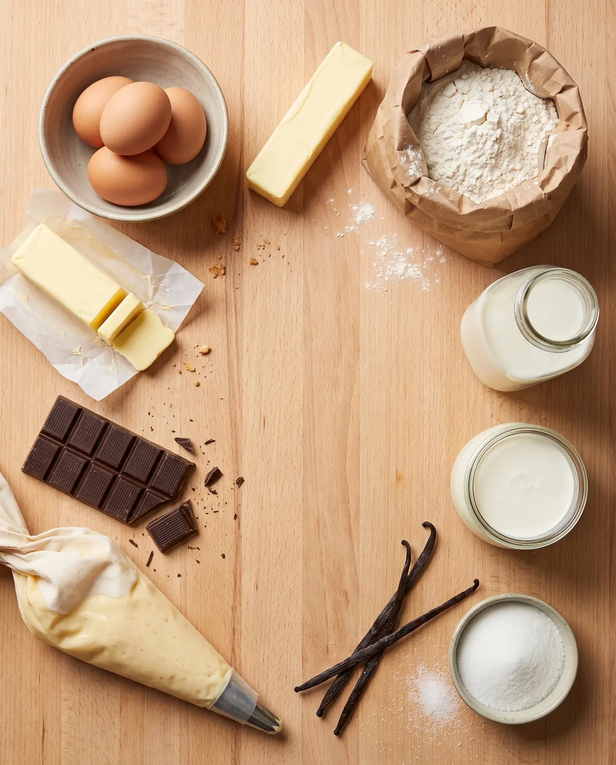Chocolate eclair ingredients on warm wood surface
