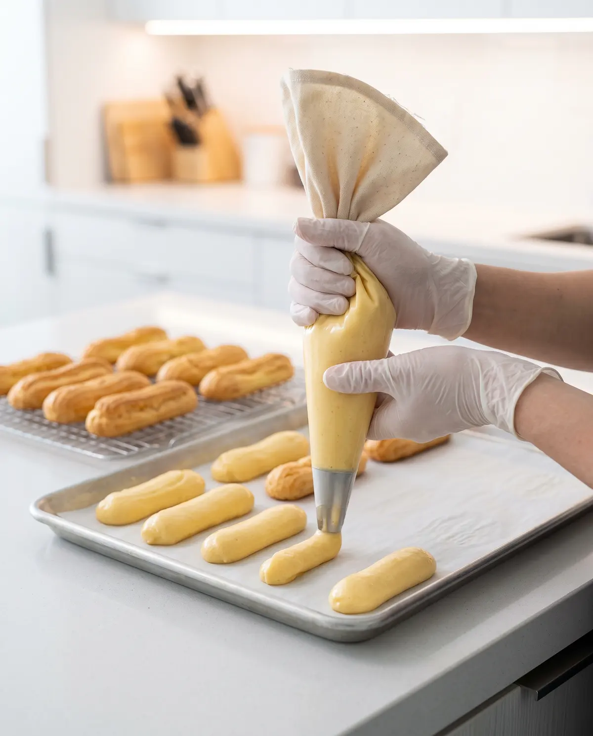 Hands piping choux pastry dough onto baking sheet