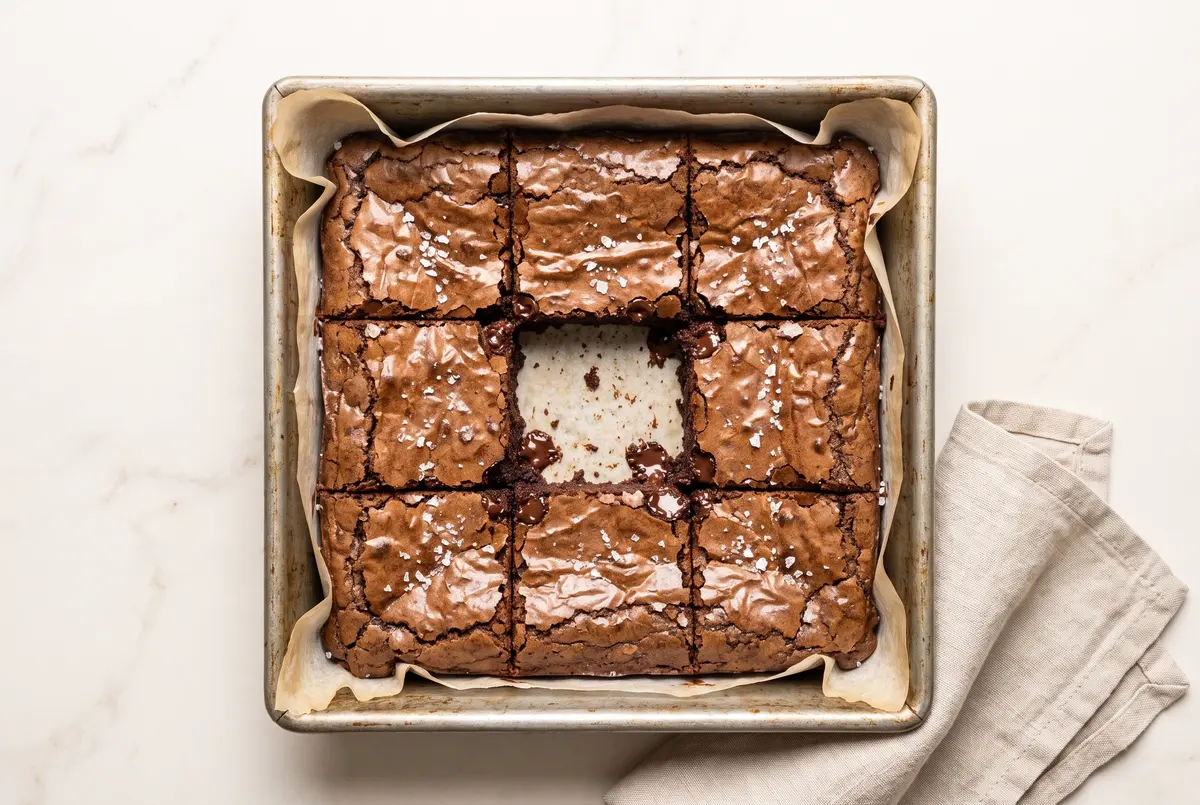 Top-down view of full pan of brownies