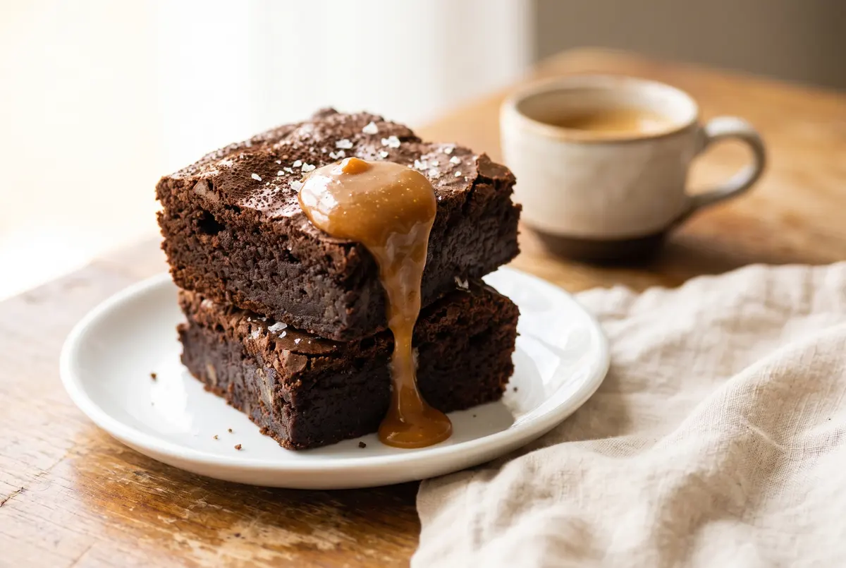 Stacked brownie squares with caramel drizzle