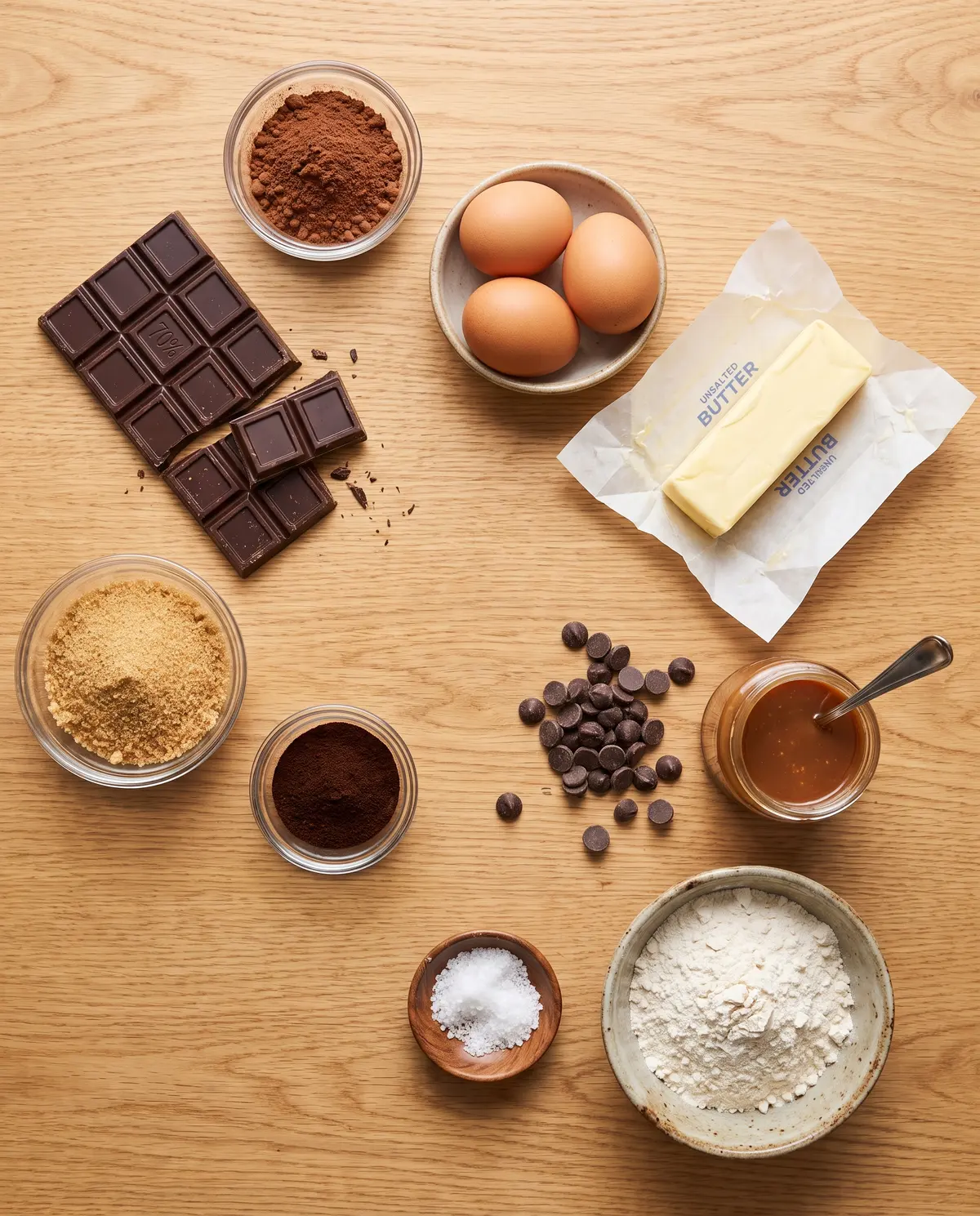 Flat lay of brownie ingredients on wood