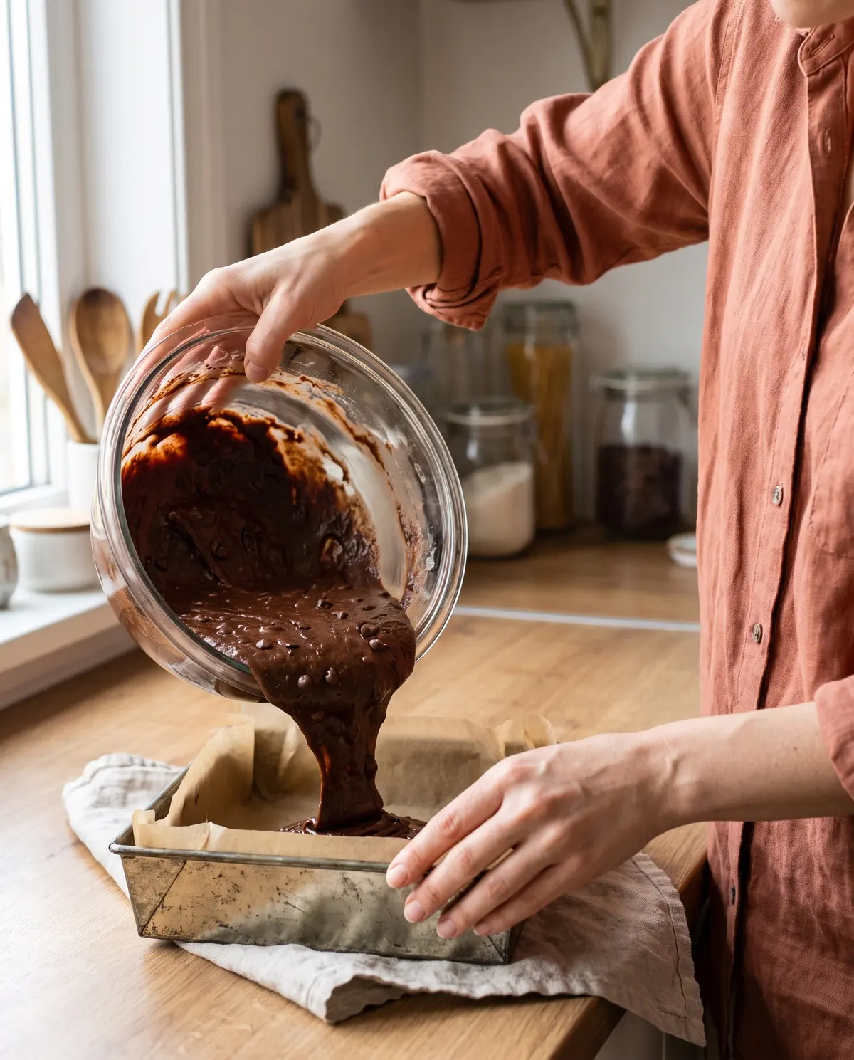 Pouring brownie batter into the baking tin