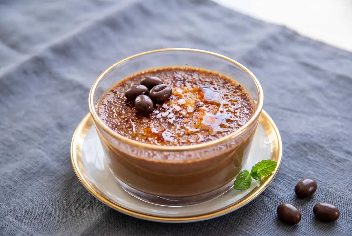 Chocolate espresso crème brûlée with crackled sugar top on gold-rimmed saucer