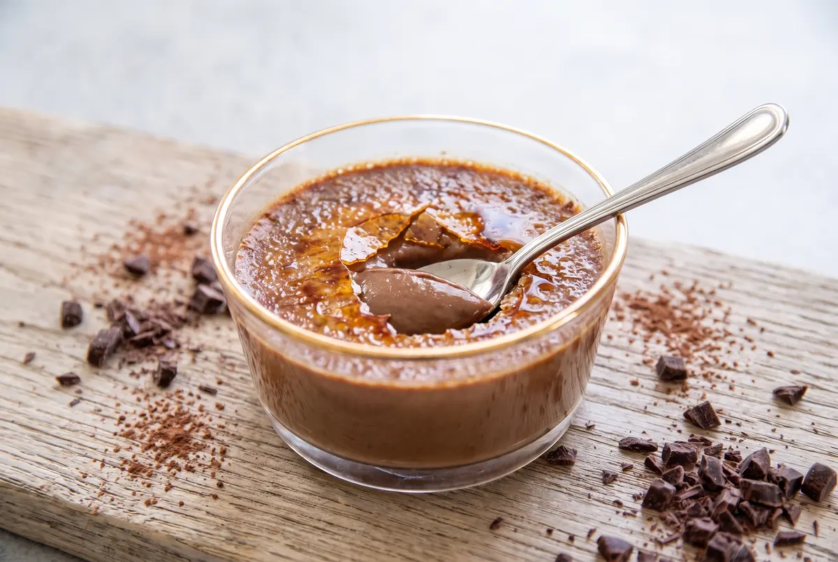 Side view of chocolate espresso crème brûlée with cracked top revealing custard