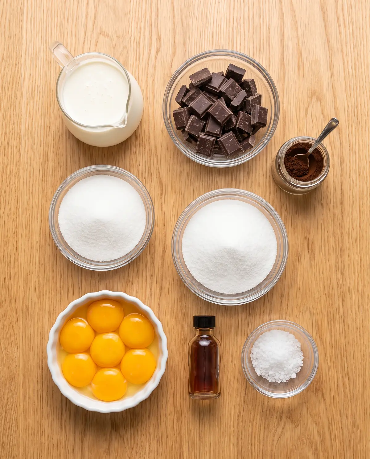 Flat-lay of ingredients for chocolate espresso crème brûlée on a wood table
