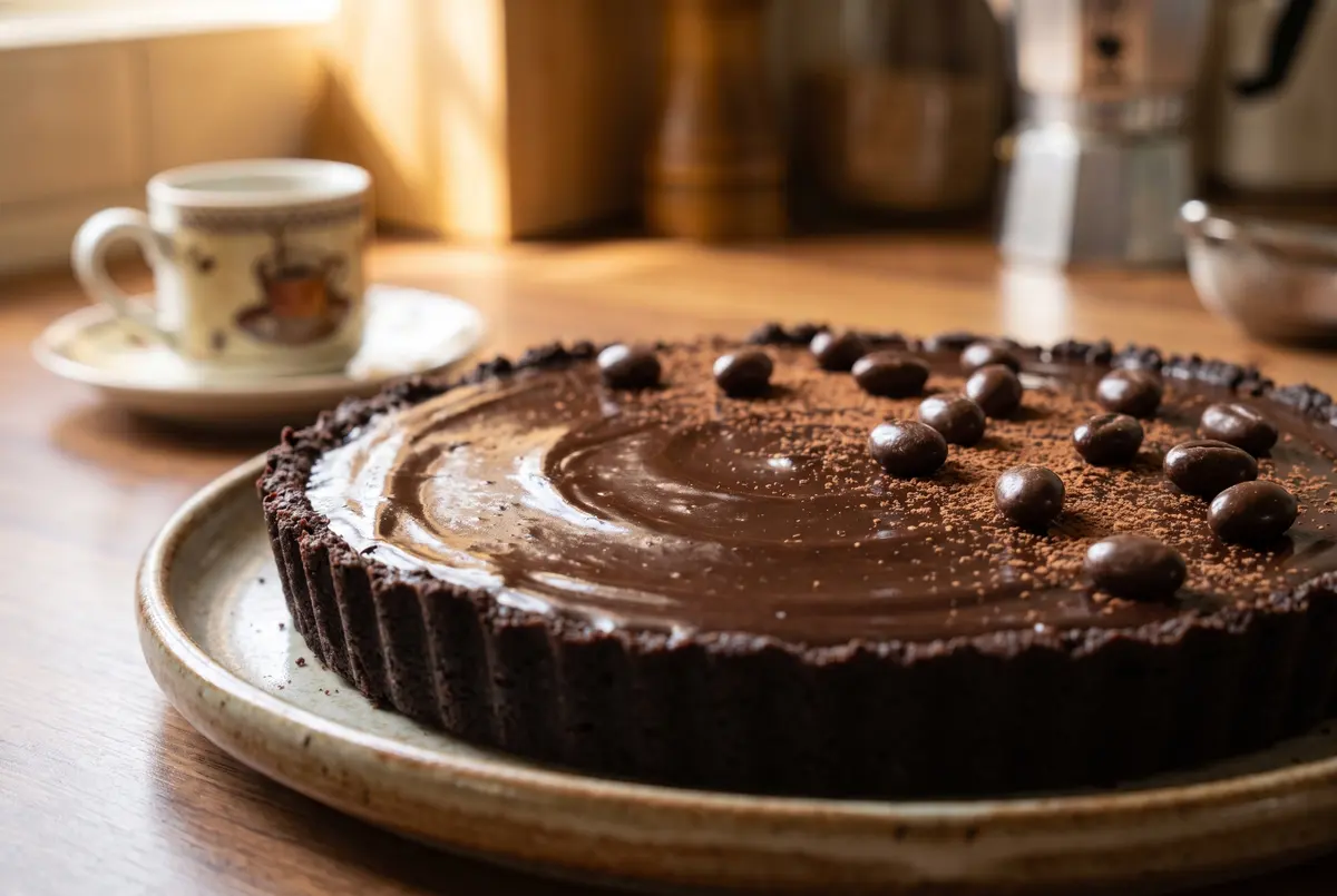 Whole chocolate espresso tart on a ceramic plate with espresso cup