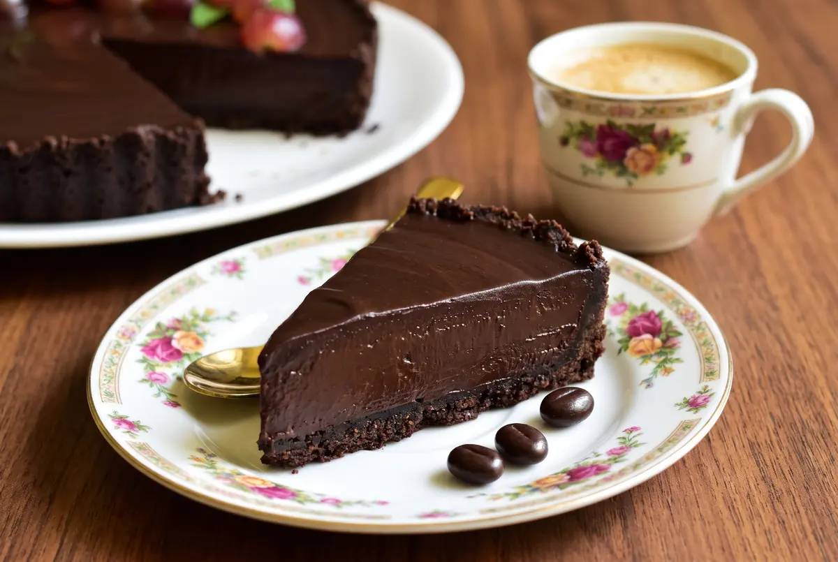 Slice of chocolate espresso tart on a floral china plate with espresso cup