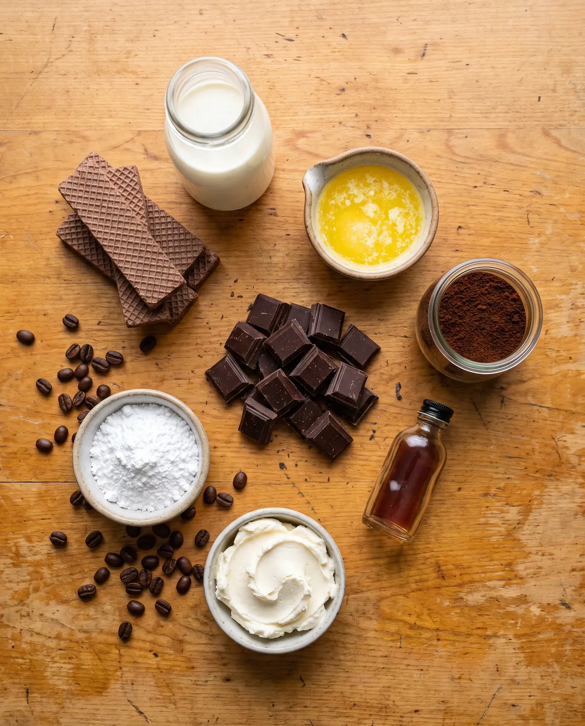 Ingredients for chocolate espresso tart on a wooden table