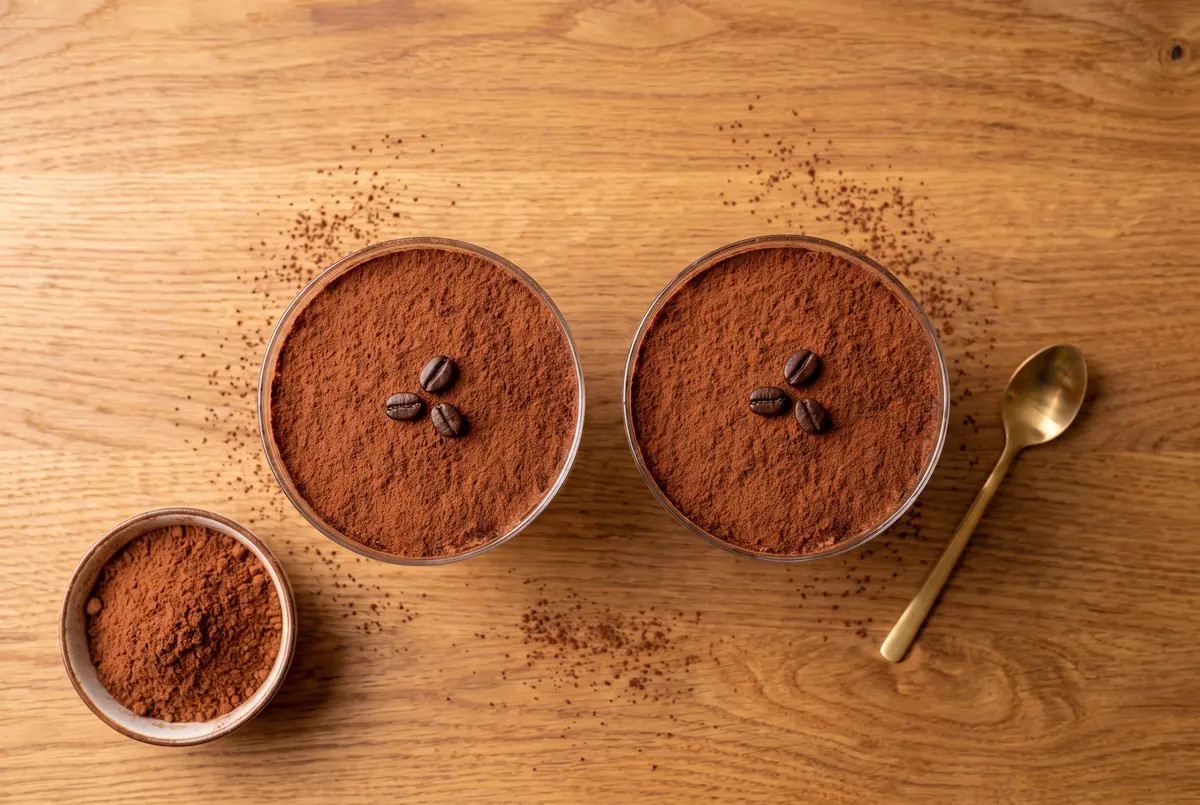 Two chocolate espresso tiramisu cups from above