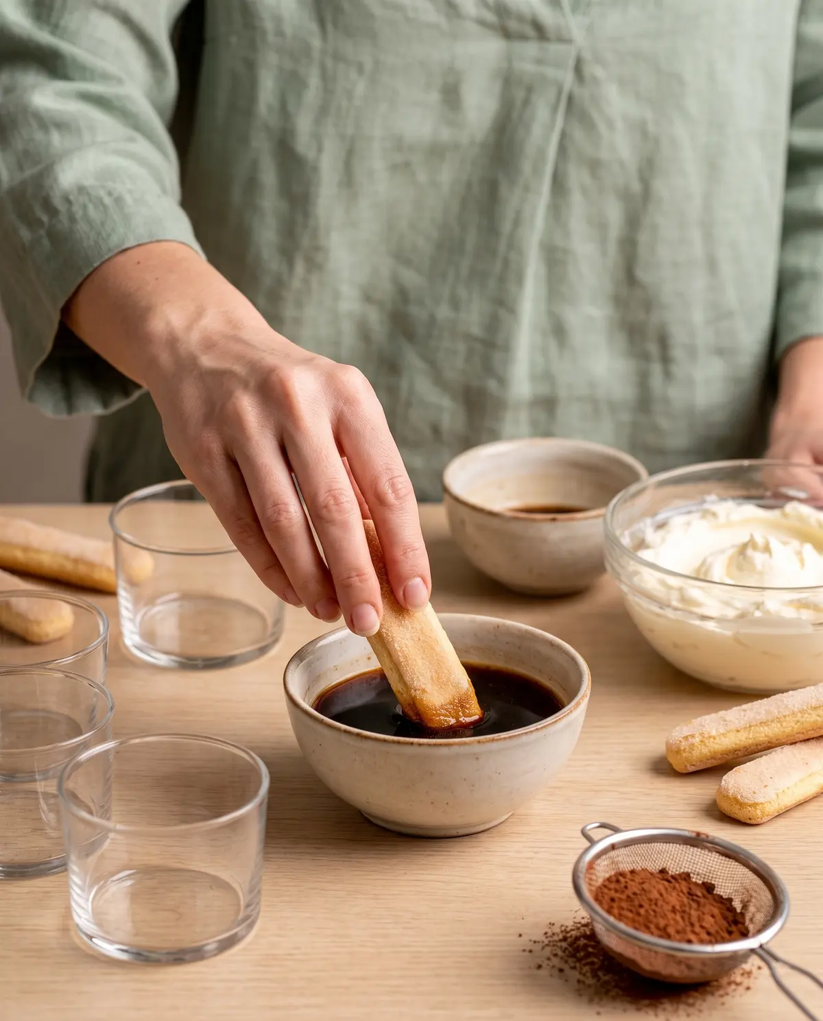 Dipping ladyfingers in espresso