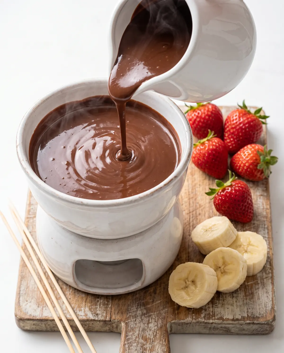 Chocolate fondue being poured into a ceramic bowl with dippers