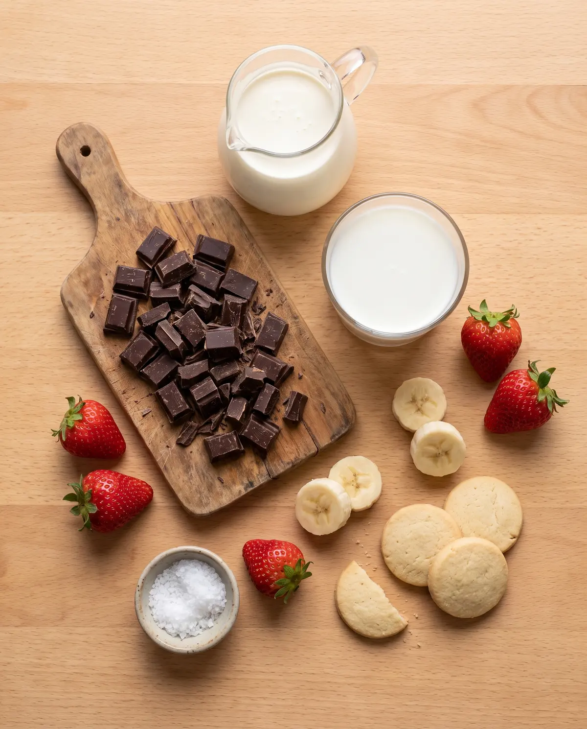Top-down flat-lay of chocolate fondue ingredients on a wood table